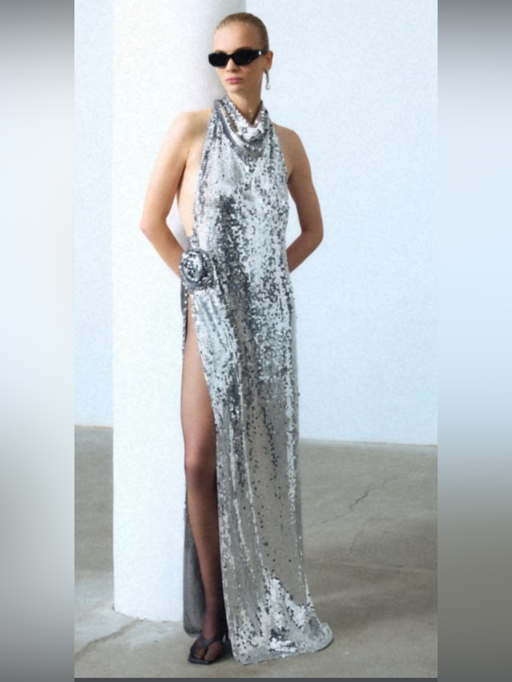 Magda Butrym H&M Silver Sequin Halter Maxi Gown